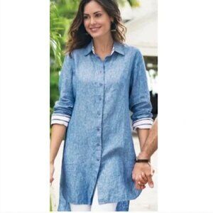 Soft Surroundings 100% Linen Blue Button Down Long Sleeve Shirt Dress Large